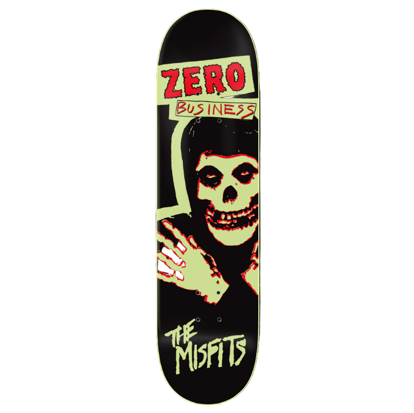 Skateboard deck with a skeleton design and 'Zero Business' text on a black background