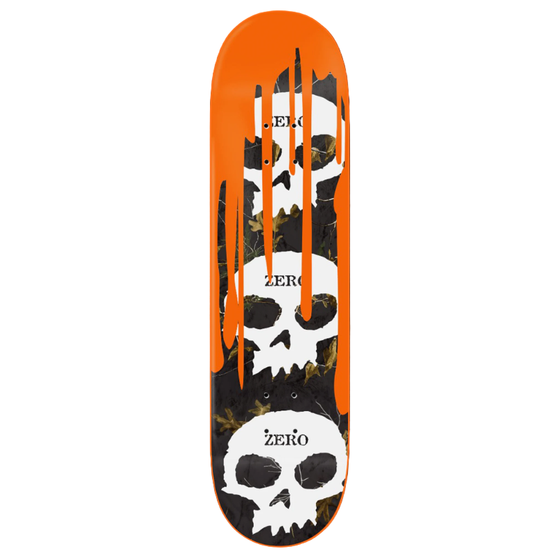Skateboard deck with skull design and orange accents on a black background