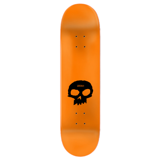 Orange skateboard deck with a black skull design on a black background
