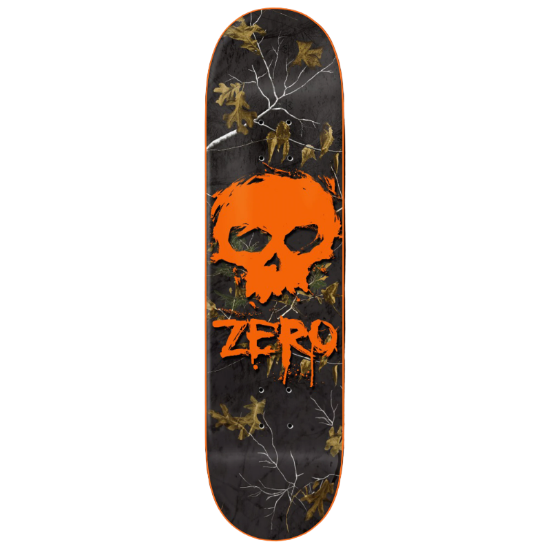 Skateboard deck with orange skull design and 'ZERO' branding on a dark background