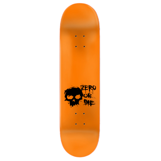 Orange skateboard deck with black skull and text design on a black background