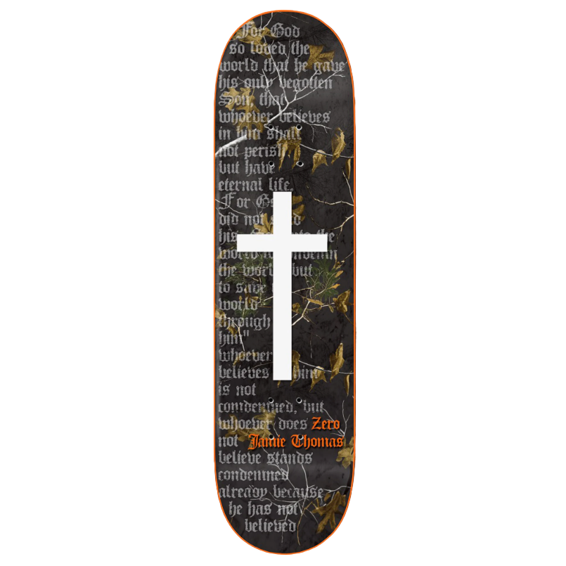 Skateboard deck with a cross design and text on a black background