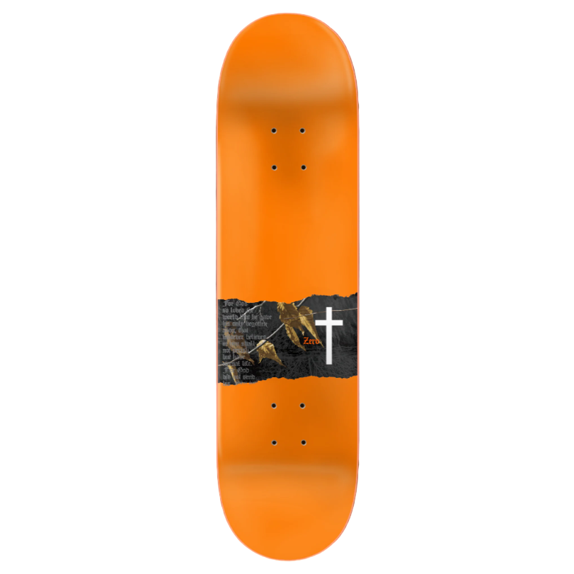 Orange skateboard deck with a graphic design on a black background
