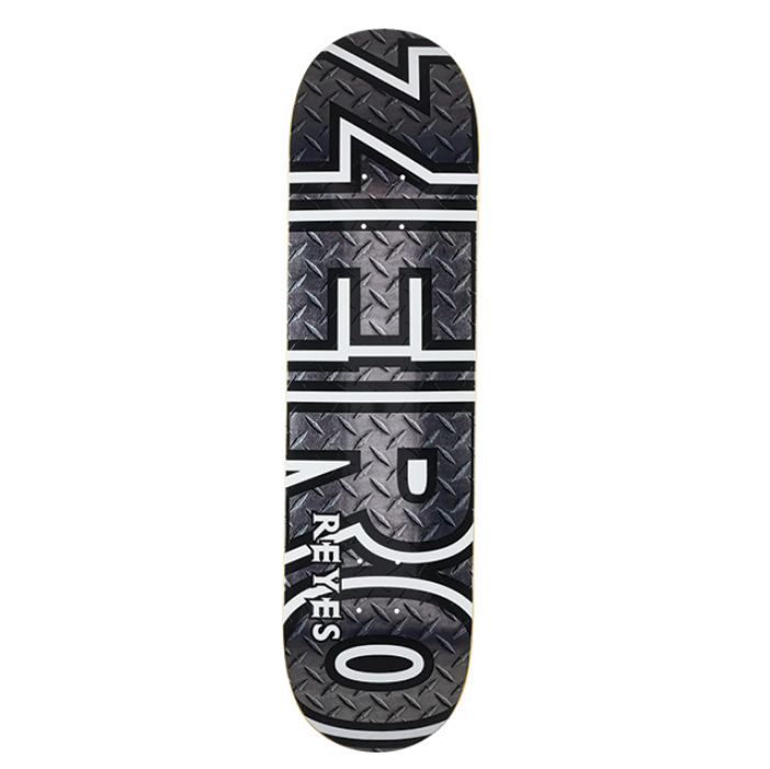 Black and white skateboard deck with 'O' logo on a white background