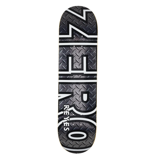 Black and white skateboard deck with 'O' logo on a white background