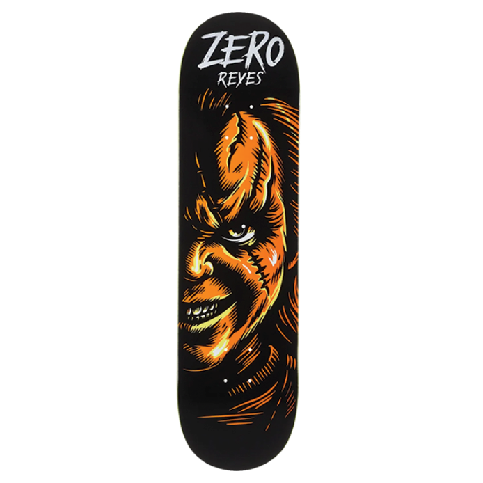 Skateboard deck with a graphic design and 'Zero Reyes' branding on a white background