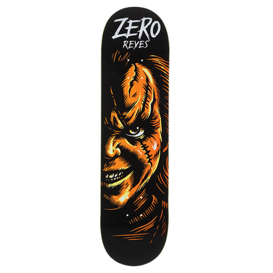 Skateboard deck with a graphic design and 'Zero Reyes' branding on a white background