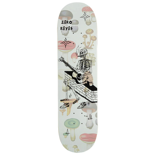 Skateboard deck with a skeleton playing guitar design on a white background