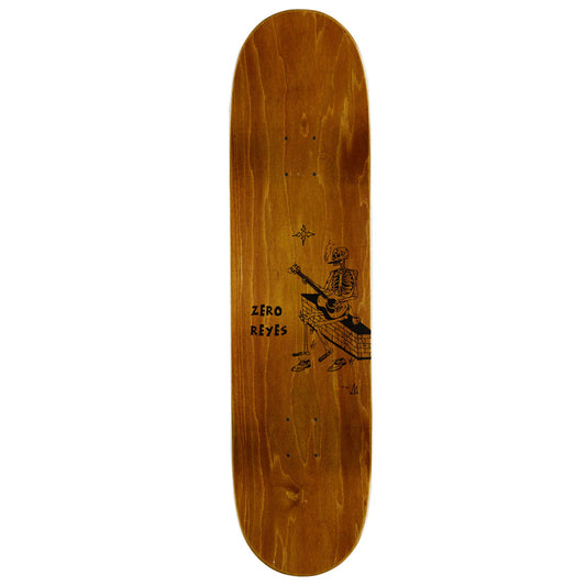 Wooden skateboard deck with a skeleton playing guitar design and 'Zero Reyes' text on a white background