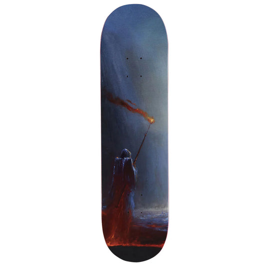 Skateboard deck with a dark, moody design featuring a hooded figure and a flame.