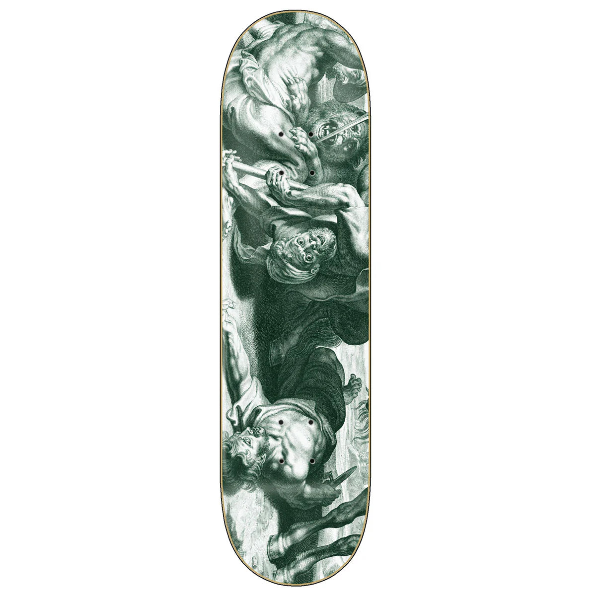Skateboard deck with classical art design on a white background