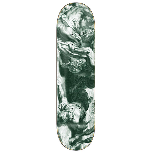 Skateboard deck with classical art design on a white background