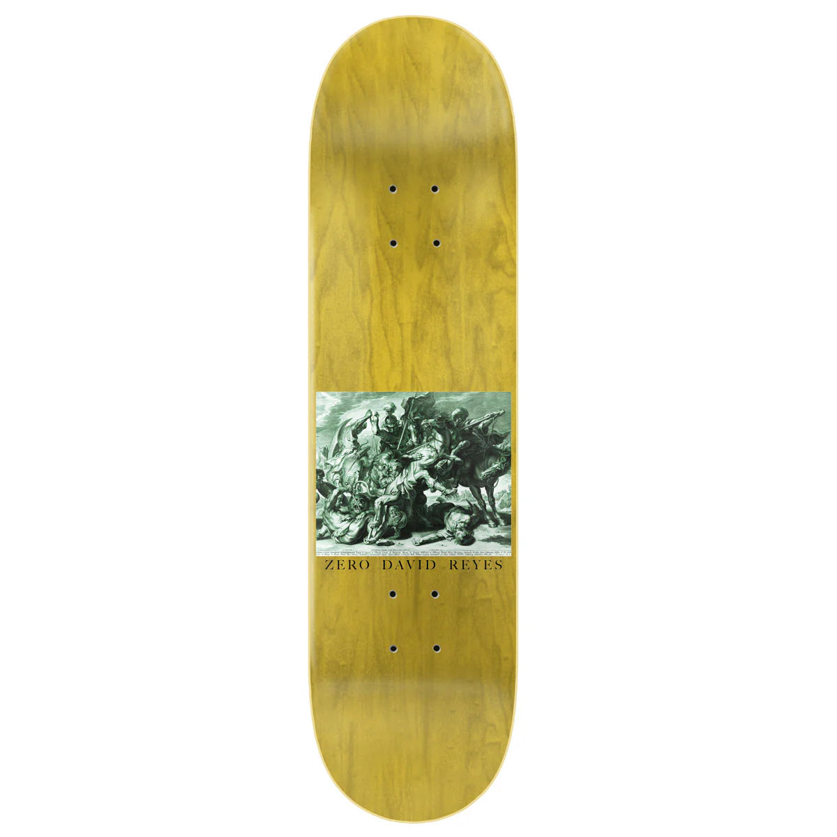 Wooden skateboard deck with a graphic design and 'Zero David Reyes' branding on a white background
