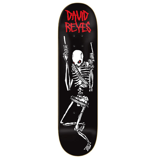 Skateboard deck with skeleton design and 'David Reyes' text on a black background