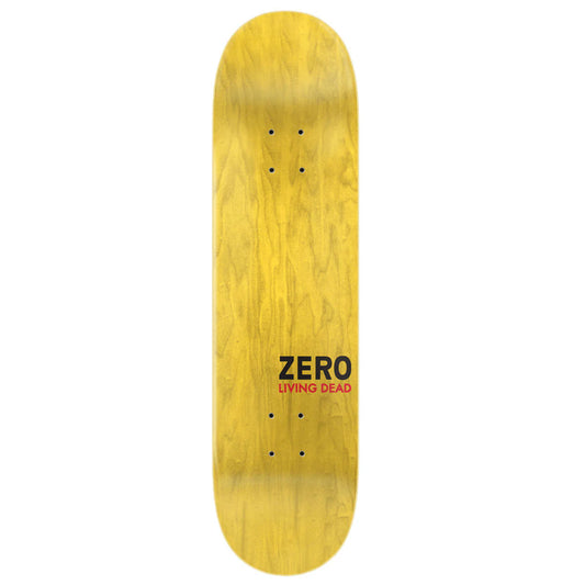 Yellow skateboard deck with 'Zero Living Dead' logo on a white background