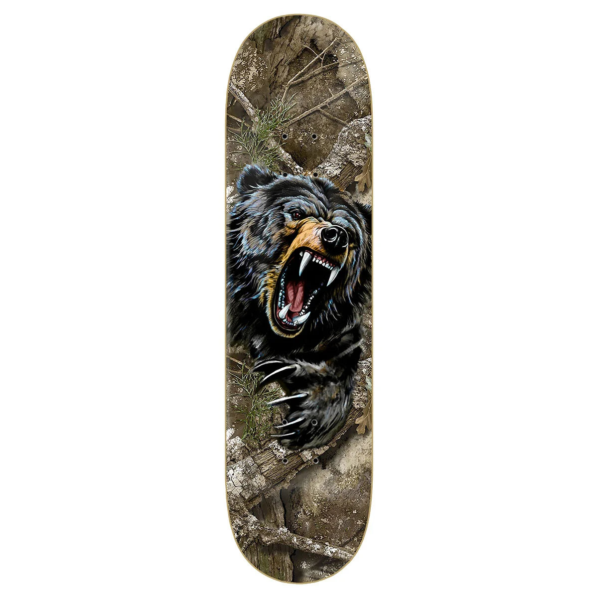 A skateboard deck featuring a graphic print of a roaring black bear on a tree branch, set against a plain white background.