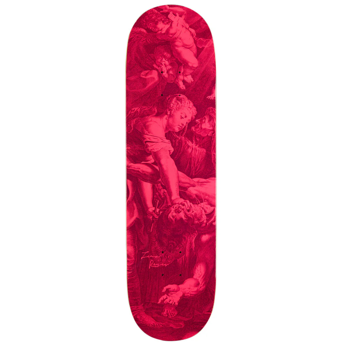 Skateboard deck with classical painting design in red tones on a white background