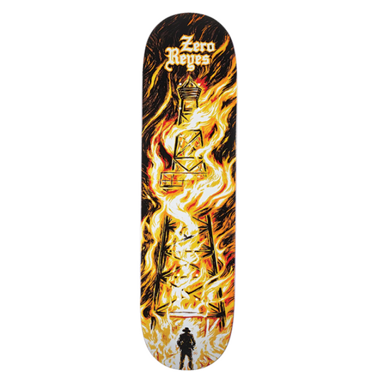Skateboard deck with fiery design and branding on a white background