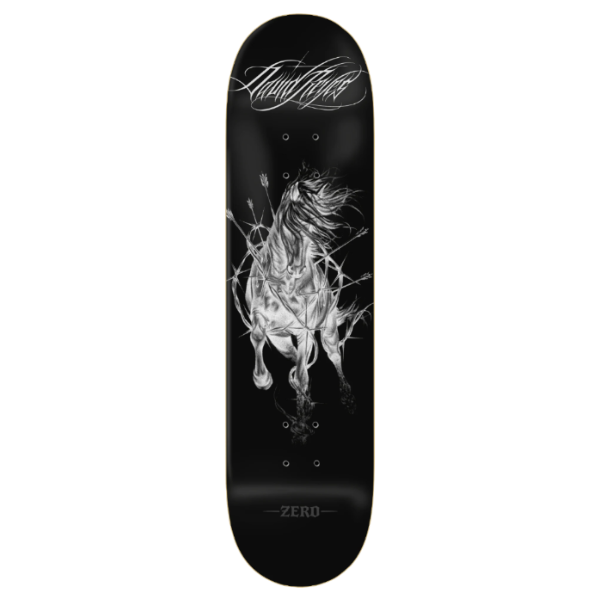 A black skateboard deck featuring a detailed white and gray graphic of a galloping horse with arrows, with the brand name 'Tens Football' at the top and 'ZERO' at the bottom.