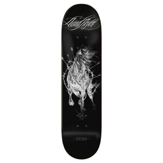 A black skateboard deck featuring a detailed white and gray graphic of a galloping horse with arrows, with the brand name 'Tens Football' at the top and 'ZERO' at the bottom.