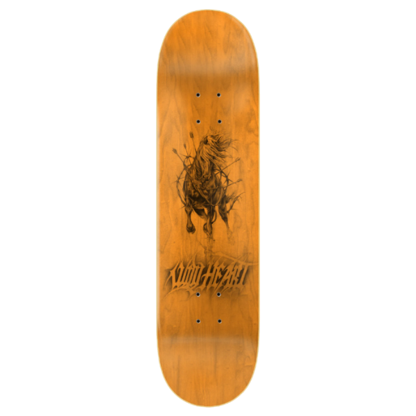 Wooden skateboard deck with a natural orange-brown grain, featuring a black graphic of a horse and the stylized text 'KILL HIM' printed on the underside.