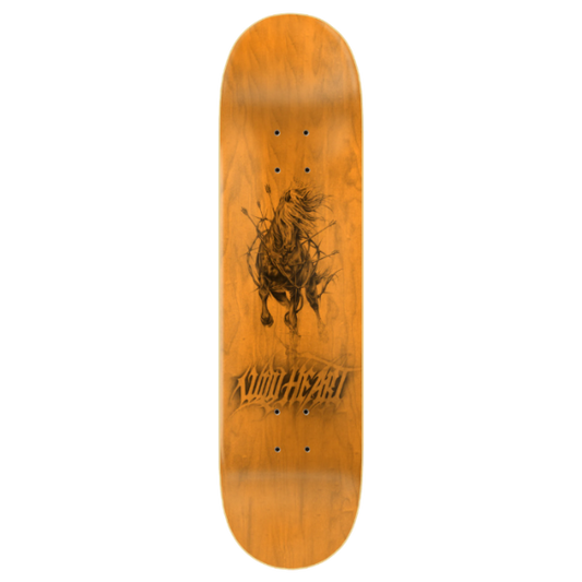 Wooden skateboard deck with a natural orange-brown grain, featuring a black graphic of a horse and the stylized text 'KILL HIM' printed on the underside.
