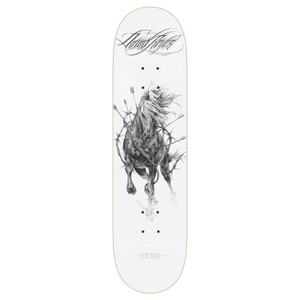 A skateboard deck shown from the underside, featuring a detailed black and white graphic of a galloping horse with barbed wire. The brand name 'Animal Style' is written in cursive at the top, and 'ZERO' is printed at the bottom.