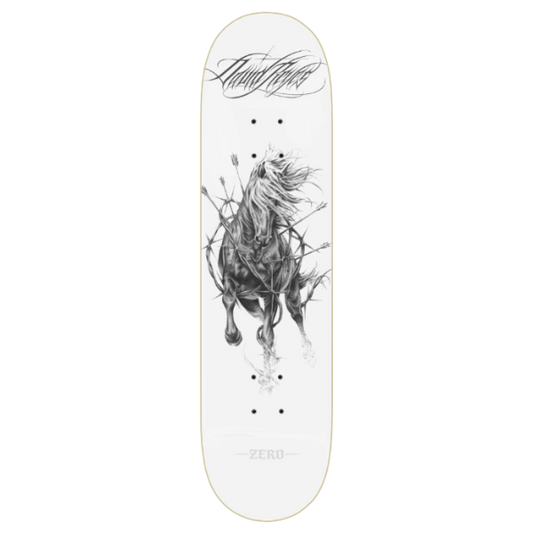 A skateboard deck shown from the underside, featuring a detailed black and white graphic of a galloping horse with barbed wire. The brand name 'Animal Style' is written in cursive at the top, and 'ZERO' is printed at the bottom.