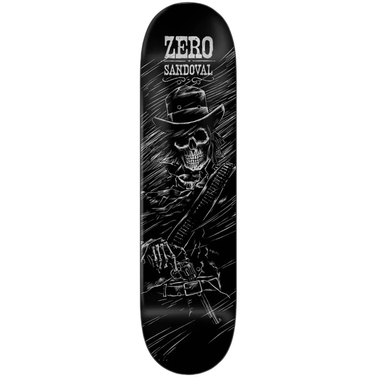 A skateboard deck featuring a black and white graphic of a skeleton cowboy playing a guitar, with the text 'ZERO SANDOVAL' printed at the top.
