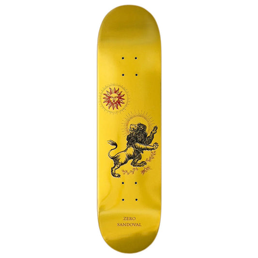 Yellow skateboard deck with a black lion design and 'Zero' branding on a white background