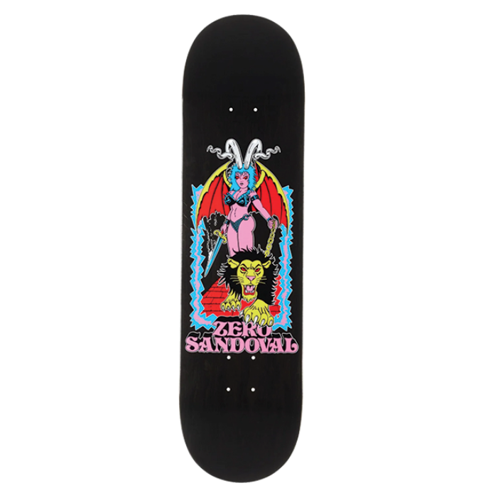 Skateboard deck with colorful graphic design on a white background