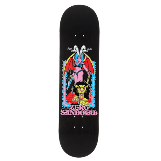 Skateboard deck with colorful graphic design on a white background