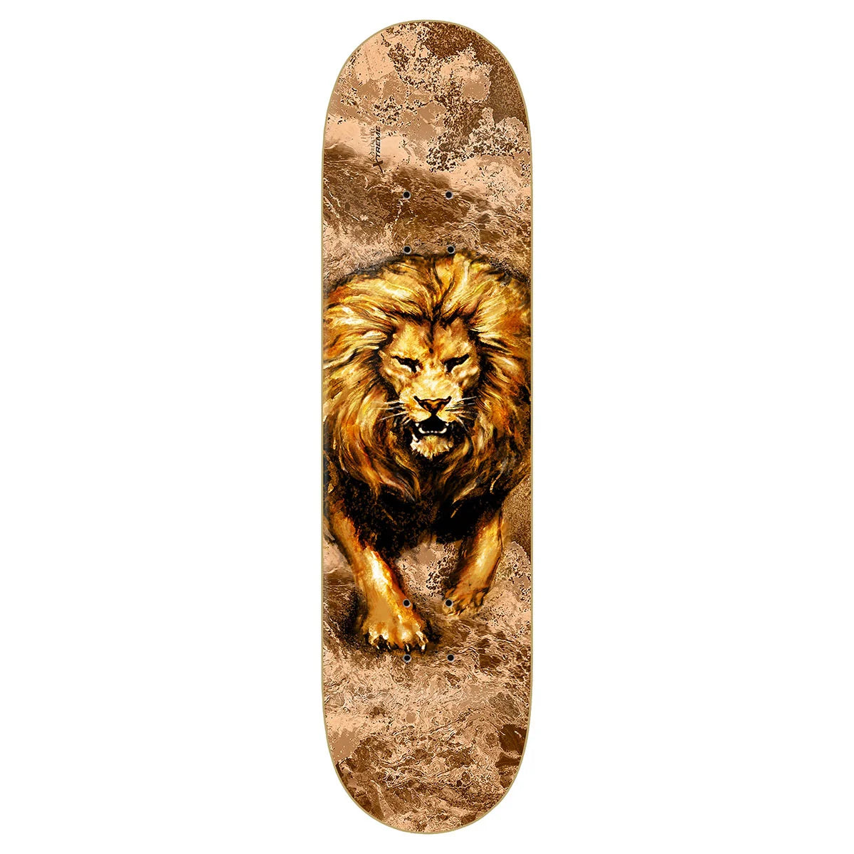 A skateboard deck featuring a detailed graphic print of a roaring lion in warm brown, gold, and orange tones over a textured tan background.