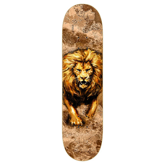 A skateboard deck featuring a detailed graphic print of a roaring lion in warm brown, gold, and orange tones over a textured tan background.
