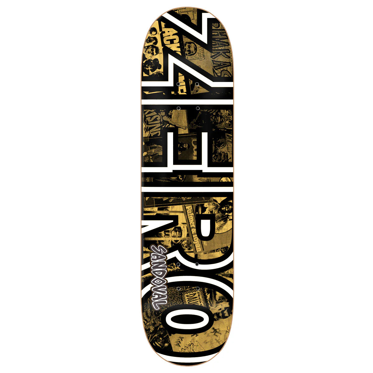 Skateboard deck with black and gold design on a white background