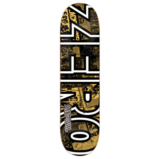 Skateboard deck with black and gold design on a white background