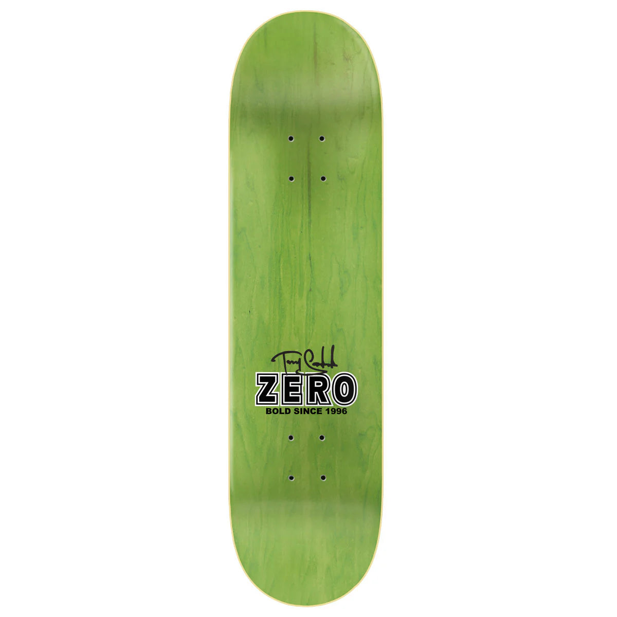 Green skateboard deck with 'Zero' logo on a white background