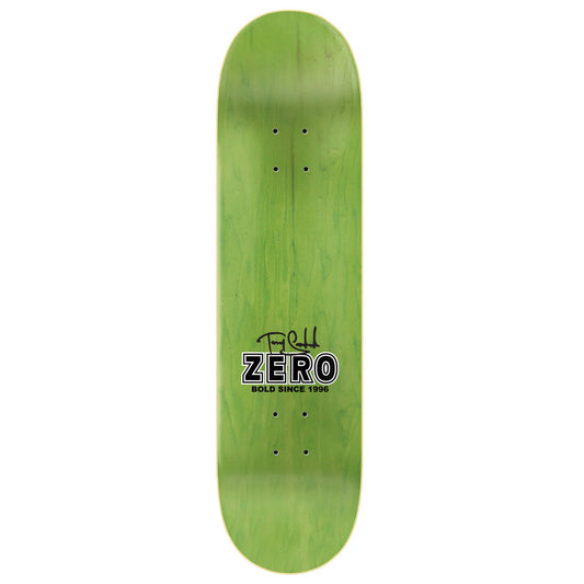 Green skateboard deck with 'Zero' logo on a white background