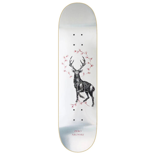 Skateboard deck with deer design and 'Zery Abunski' branding on a white background