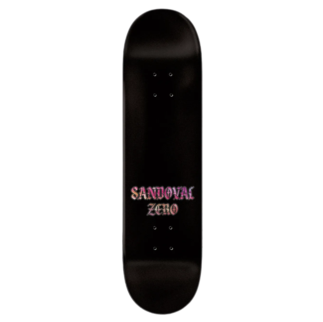 Black skateboard deck with 'Sandoval Zero' text on a black background