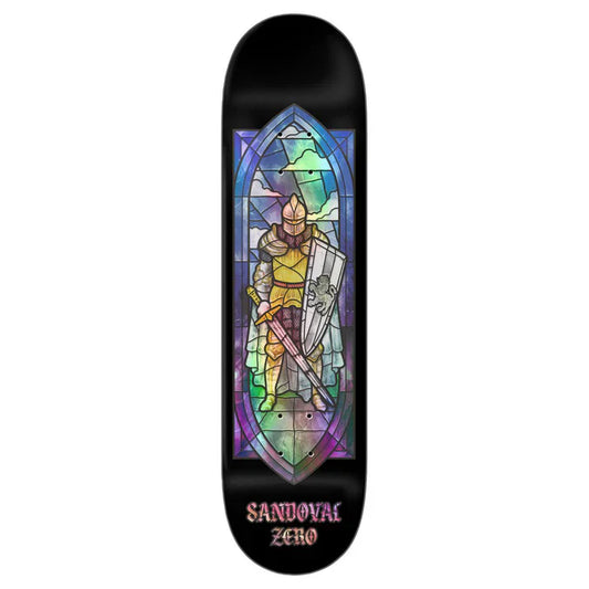 Skateboard deck with stained glass design and 'Sauvola Zero' branding on a white background