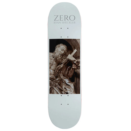 Skateboard deck with a design of a religious statue and 'Zero' branding on a white background
