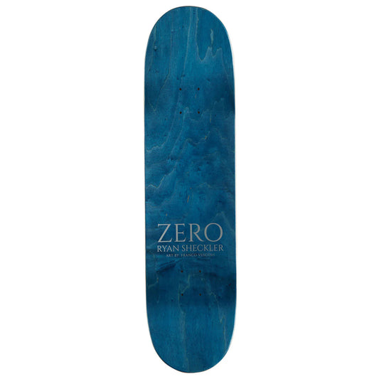 Blue skateboard deck with 'Zero' and 'Ryan Sheckler' branding on a white background