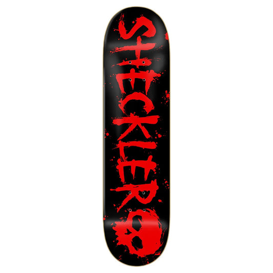A skateboard deck shown vertically against a plain white background, featuring a black base with bold red distressed text reading 'SHECKLER' and a red skull graphic near the bottom.