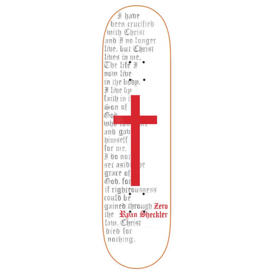 Skateboard deck with red cross and text on a white background