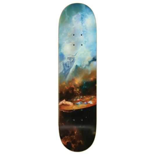 Skateboard deck with a cosmic design featuring stars and nebulae.