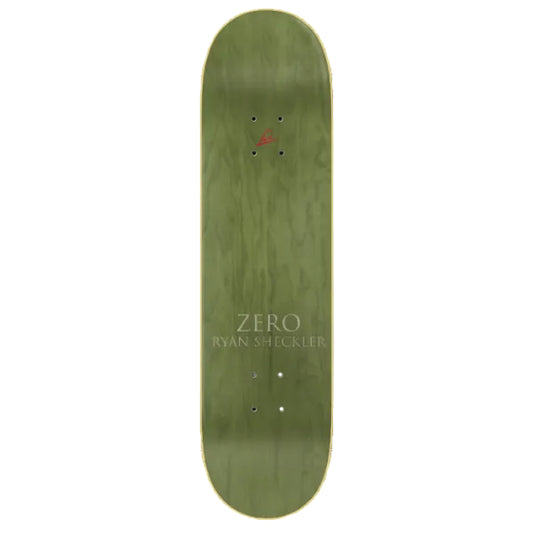 Green skateboard deck with 'Zero' branding on a white background