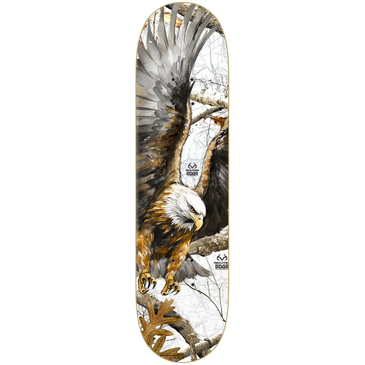 A skateboard deck featuring a detailed graphic illustration of a bald eagle with outstretched wings perched on tree branches against a white and gray background.