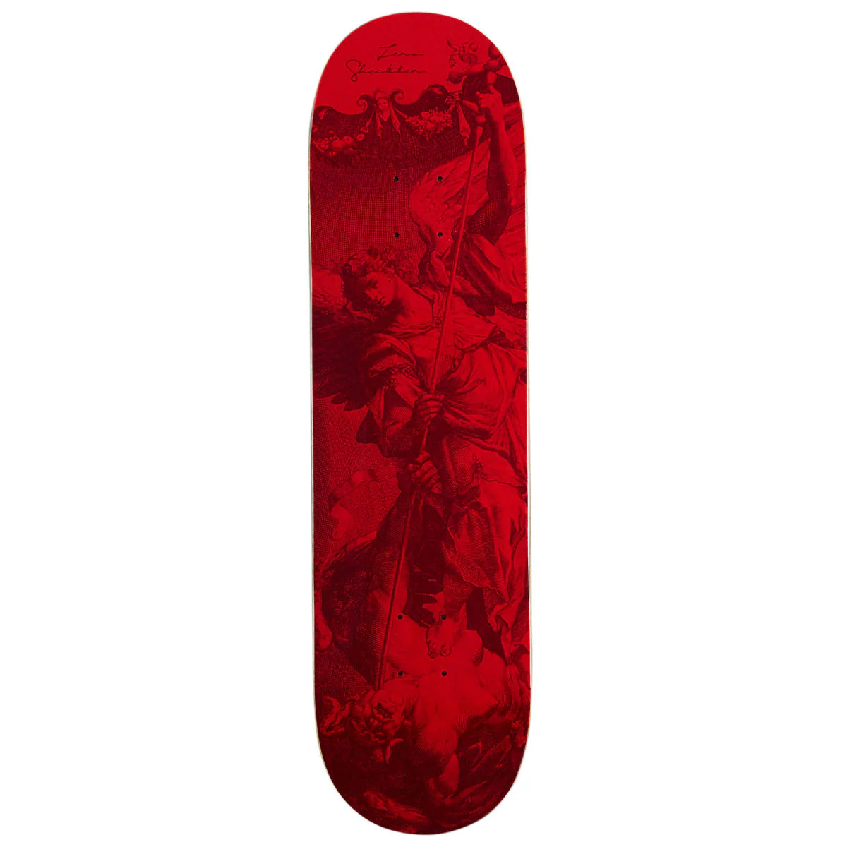 Red skateboard deck with floral pattern on a white background