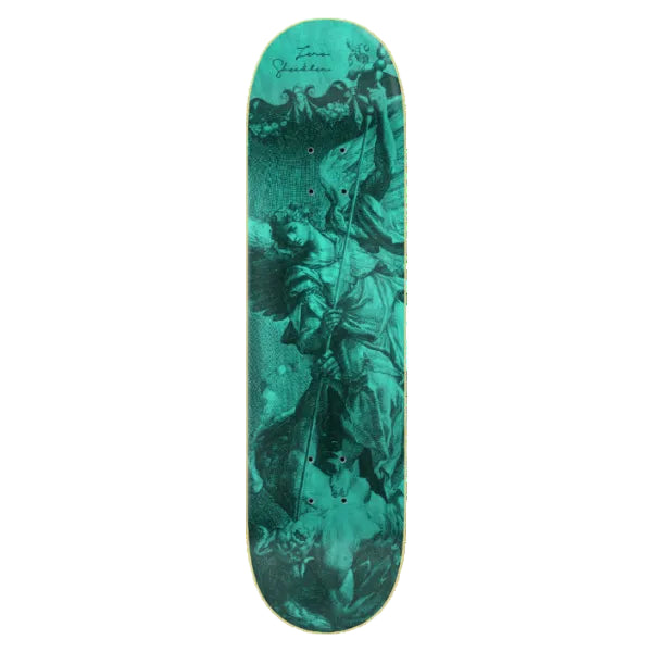 Teal skateboard deck with artistic design of a figure holding a staff.